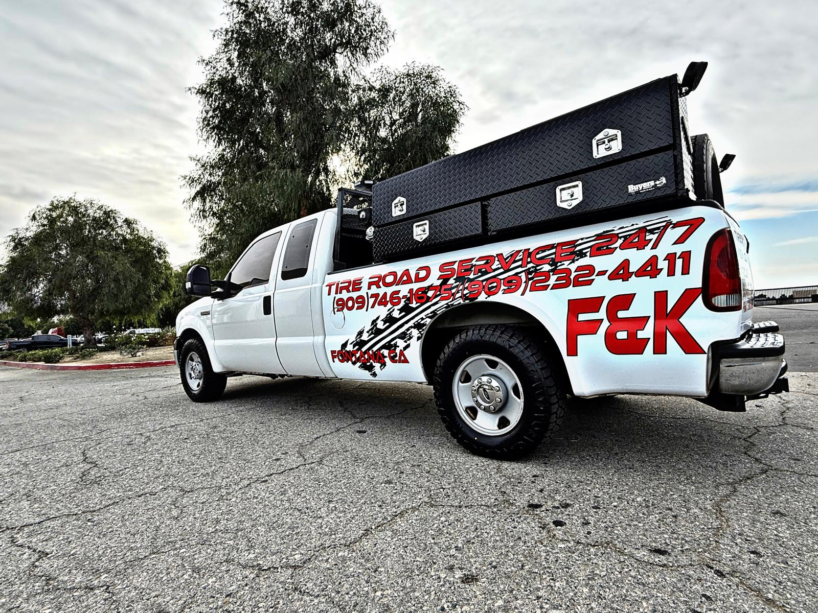 F&K Tires LLC mobile service truck — 24/7 tire road service in Fontana, CA